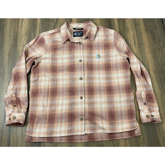 Women Carhartt Rugged Flex Loose Fit plaid button up flannel shirt, L - Picture 1 of 4